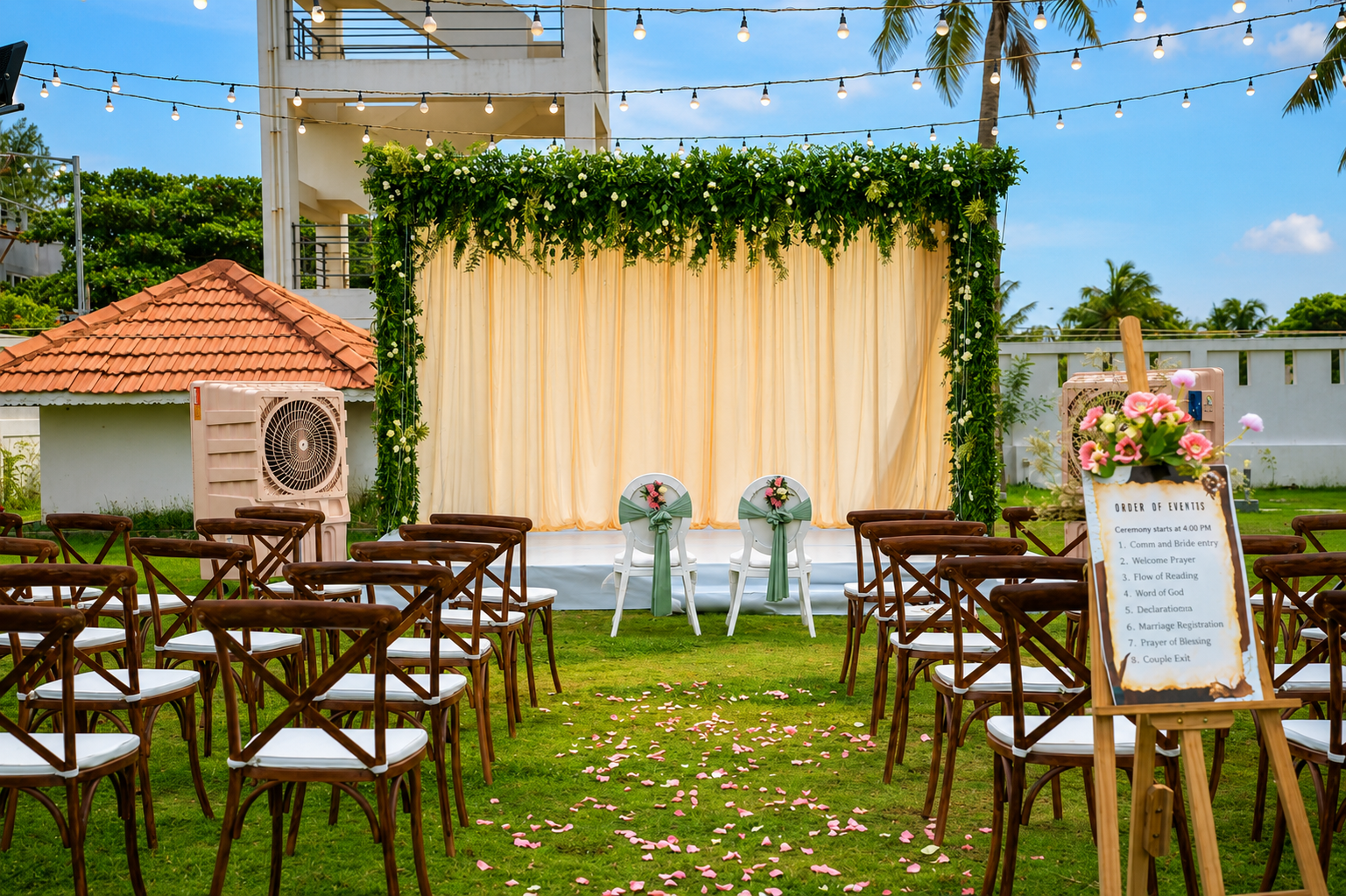 A beachfront celebration setup at Villa Bay at sunset